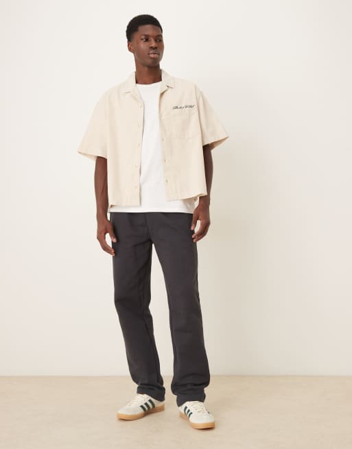 ASOS DESIGN oversized corduroy shirt with chest embroidery in cream, 2 of 5