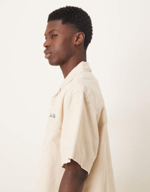 ASOS DESIGN oversized corduroy shirt with chest embroidery in cream, 4 of 5