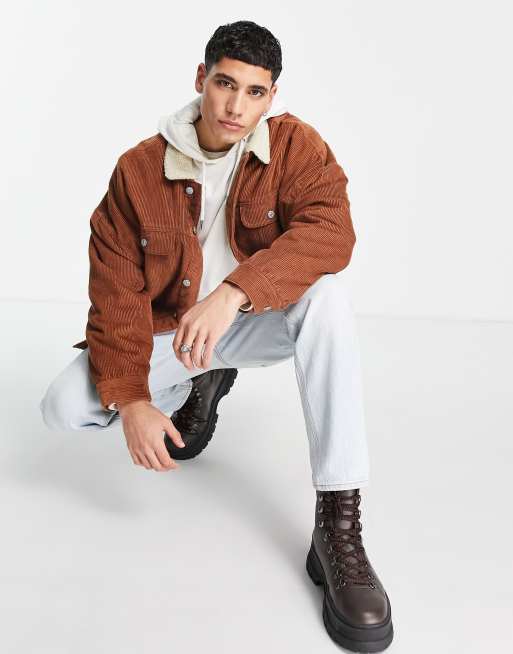 ASOS DESIGN oversized corduroy Western jacket with borg lining and collar in rust