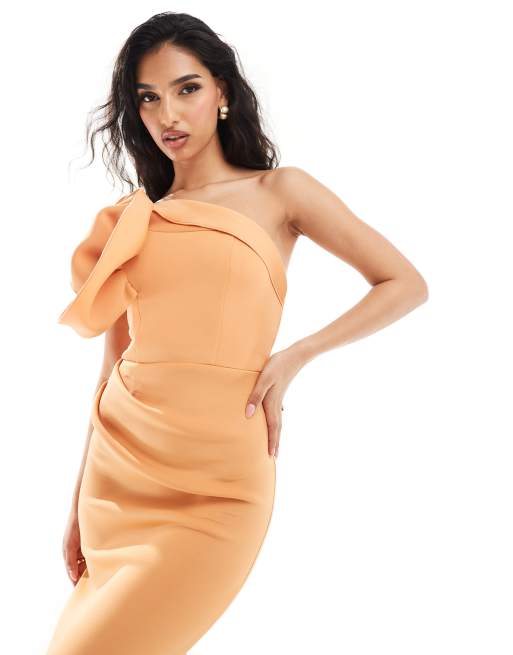 ASOS DESIGN oversized corsage detail midi dress in peach in scuba-style  fabric | ASOS