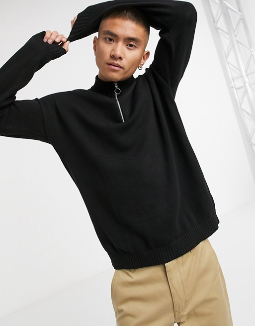 ASOS DESIGN oversized cotton half zip knitted jumper in black