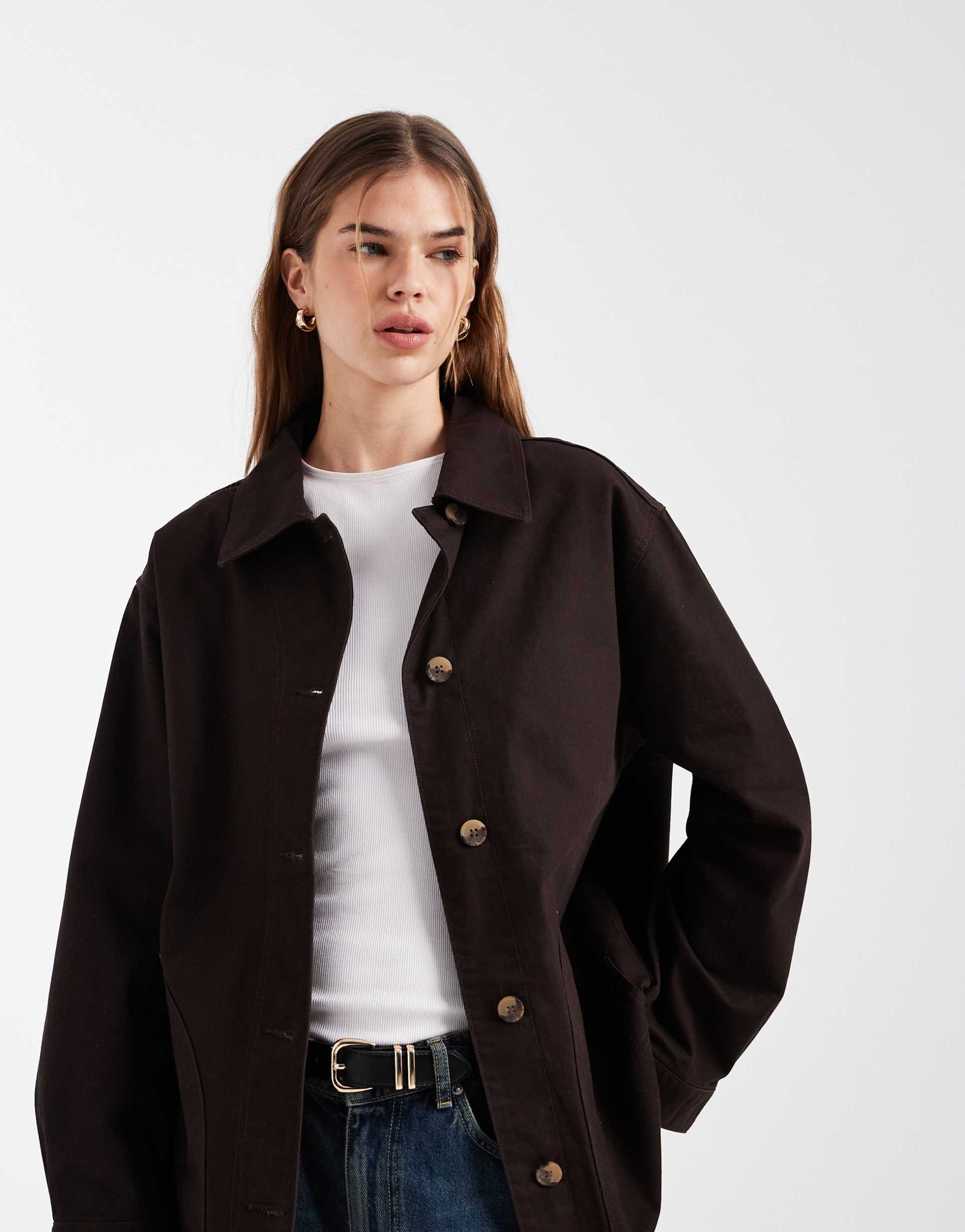 asos design oversized cotton harrington jacket in chocolate