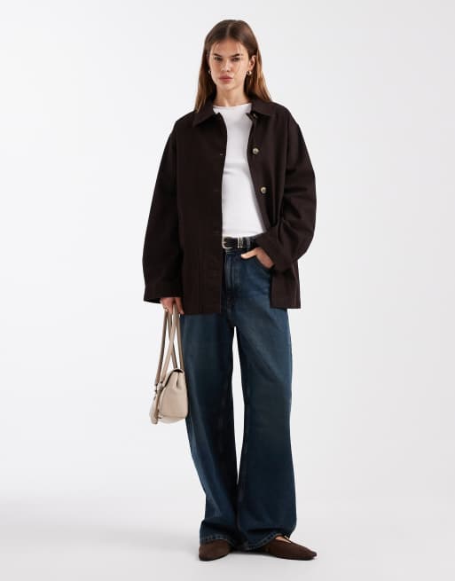 ASOS DESIGN oversized cotton Harrington jacket in chocolate, 2 of 4