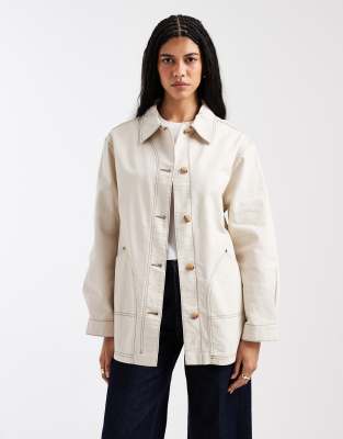 Asos Design Oversized Cotton Harrington Jacket In Neutral
