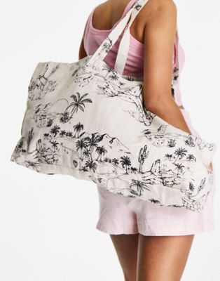 ASOS DESIGN oversized cotton scenic print tote in natural-Neutral