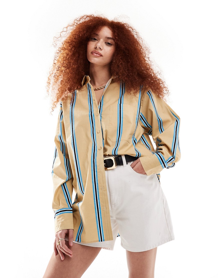 Asos Design Oversized Cotton Shirt In Tan Stripe-brown