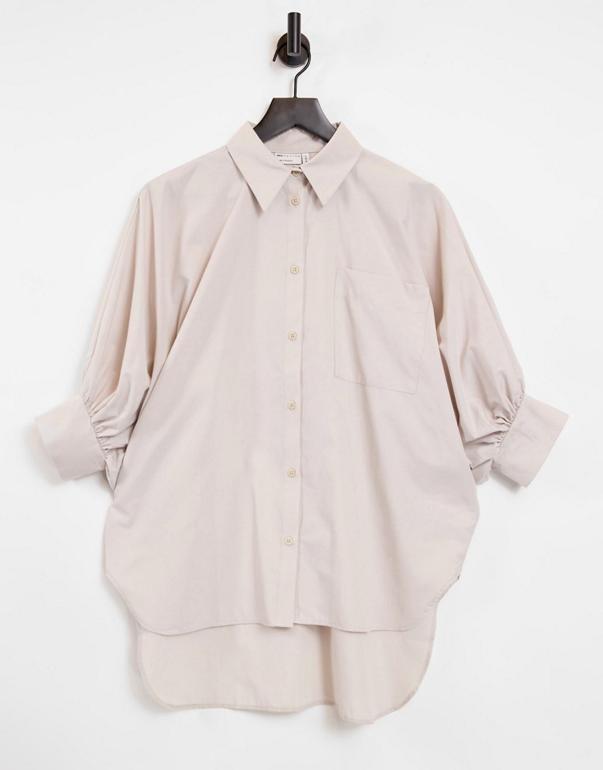 ASOS DESIGN oversized cotton shirt with 3/4 volume sleeves in stone-Neutral