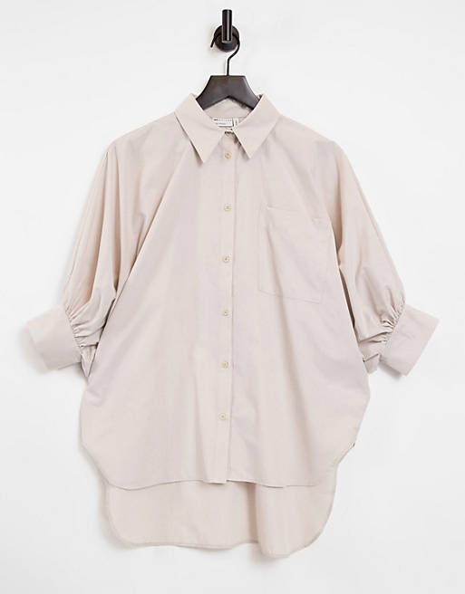 Women Shirts & Blouses/oversized cotton shirt with 3/4 volume sleeves in stone 