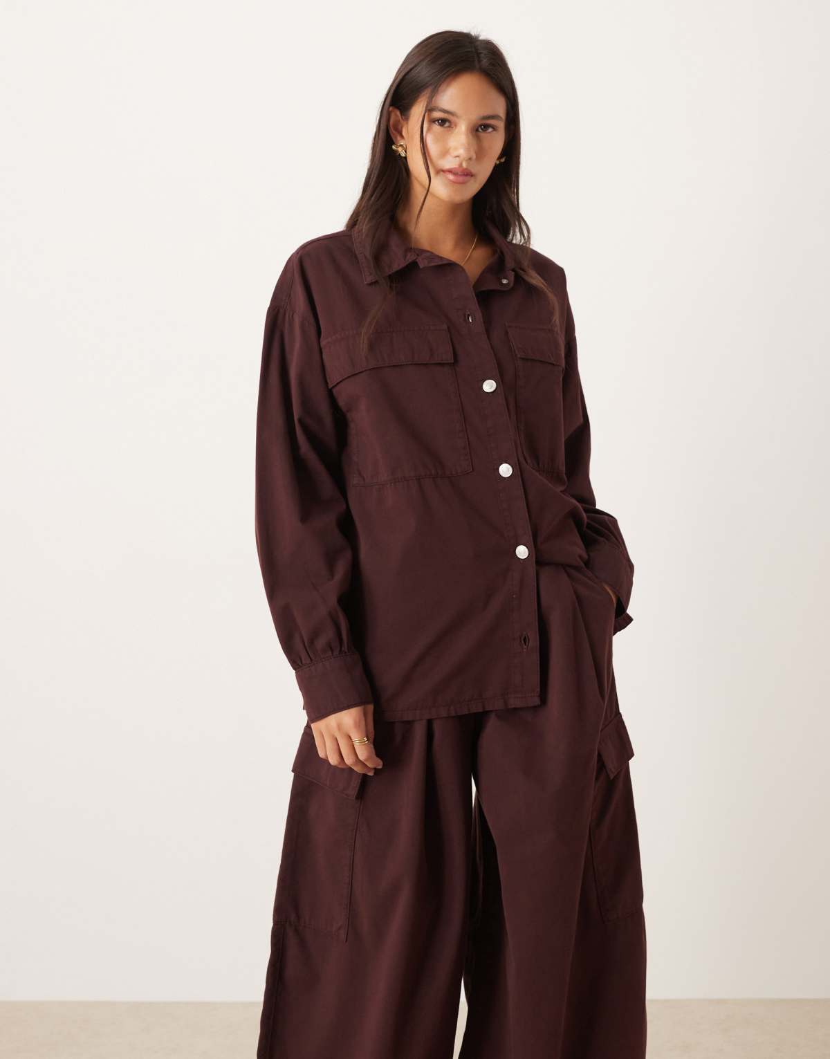 ASOS DESIGN oversized cotton shirt with cargo pockets in plum