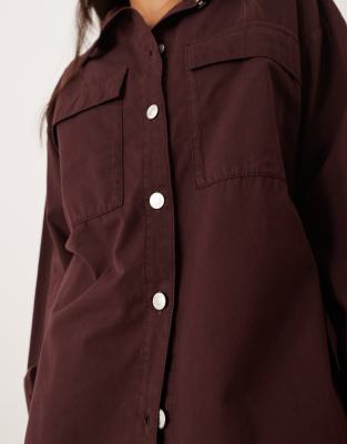 Asos Design Oversized Cotton Shirt With Cargo Pockets In Burgundy
