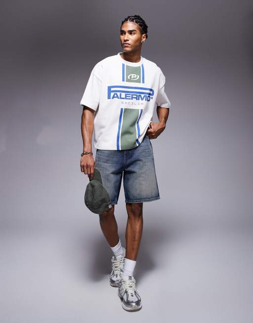 ASOS DESIGN - Oversized cremehvid T-shirt med firkantet pasform, vaffeltekstur og grafisk Palermo-print