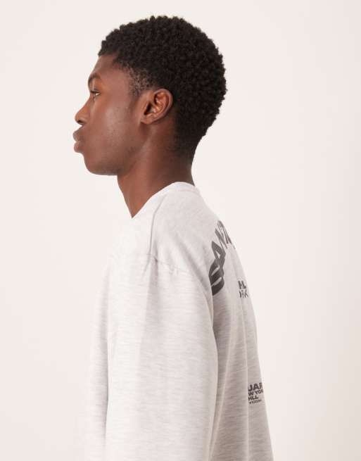 ASOS DESIGN oversized crew jumper with print in scuba-style fabric in grey marl, 4 of 5