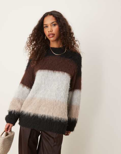 ASOS DESIGN oversized crew neck brushed jumper in stripe - view 1