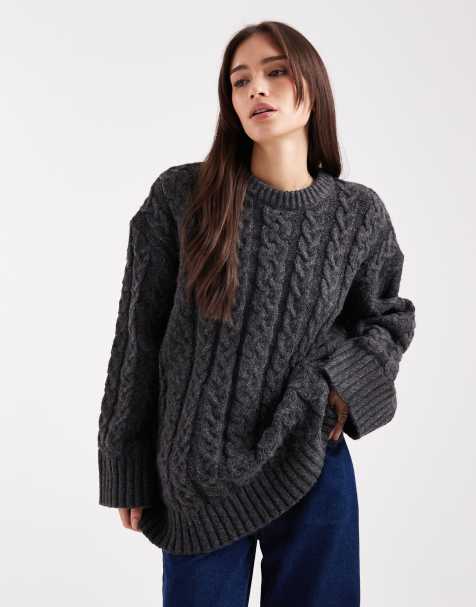 ASOS DESIGN oversized crew neck cable knit sweater in charcoal - view 1
