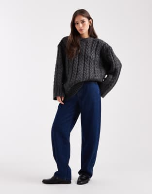 Asos Design Oversized Crew Neck Cable Knit Sweater In Gray