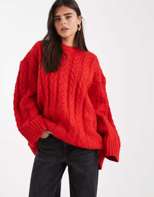 Asos Design Oversized Crew Neck Cable Knit Sweater In Red