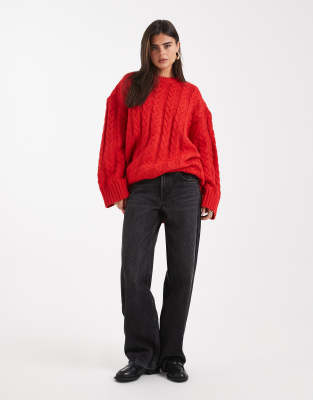 Asos Design Oversized Crew Neck Cable Knit Sweater In Red