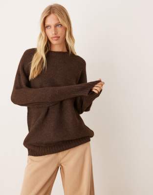 Asos Design Oversized Crew Neck Cocoon Fluffy Sweater In Brown