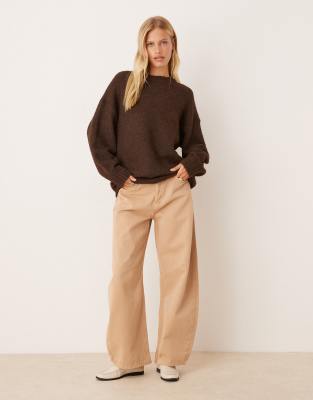 Asos Design Oversized Crew Neck Cocoon Fluffy Sweater In Brown
