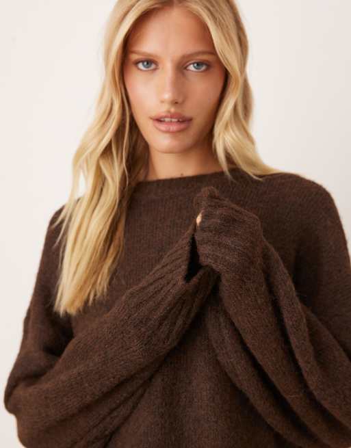 ASOS DESIGN oversized crew neck cocoon fluffy sweater in chocolate