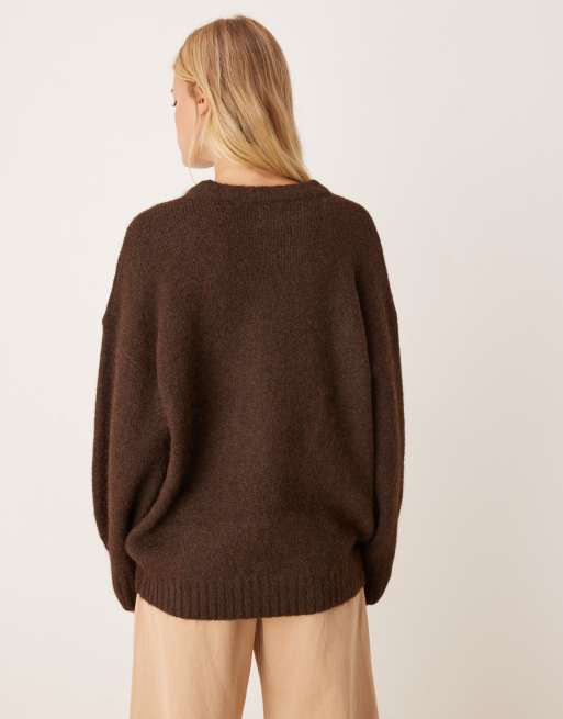 ASOS DESIGN oversized crew neck cocoon fluffy sweater in chocolate