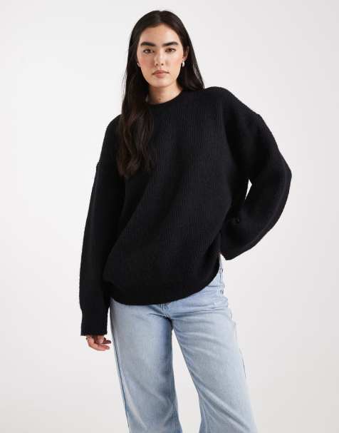 ASOS DESIGN oversized crew neck cocoon jumper in rib in black - view 1