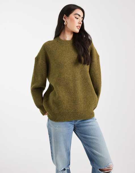 ASOS DESIGN oversized crew neck cocoon jumper in rib in olive - view 1