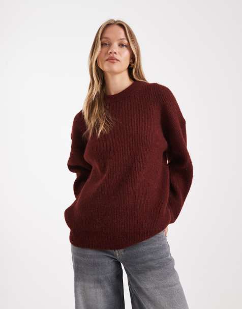 ASOS DESIGN oversized crew neck cocoon rib knit sweater in burgundy - view 1