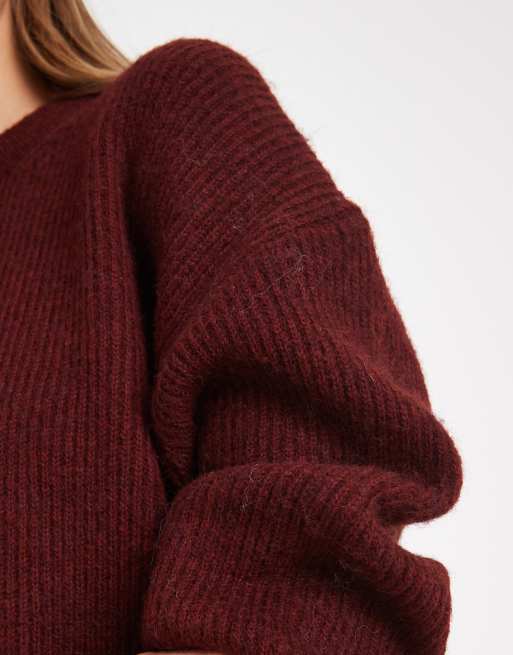 ASOS DESIGN oversized crew neck cocoon rib knit sweater in burgundy