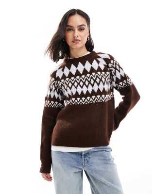 oversized crew neck fluffy sweater with fairisle pattern in brown and blue-Multi