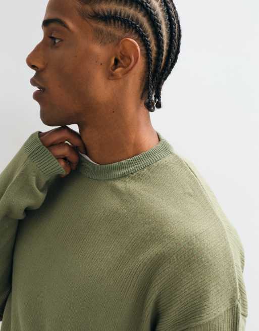 ASOS DESIGN oversized crew neck jumper in khaki rib, 5 of 5