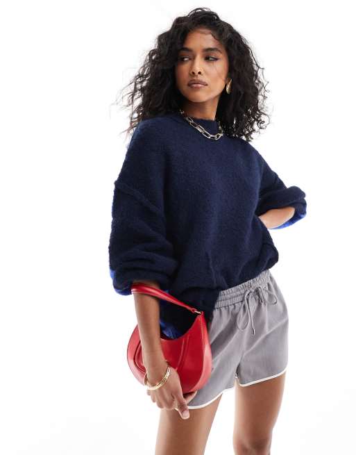 Asos Design Oversized Crew Neck Jumper In Navy Colourblock Asos