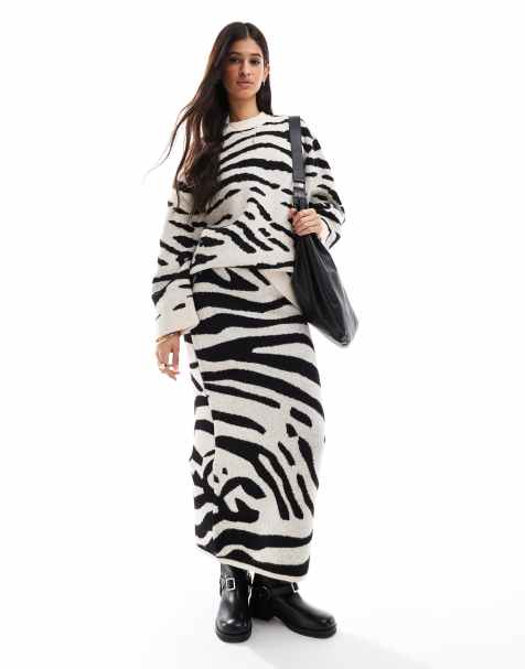 ASOS DESIGN oversized crew neck jumper & knitted maxi skirt set in zebra - view 1