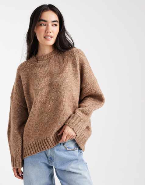 ASOS DESIGN oversized crew neck jumper with curved hem in biscuit - view 1