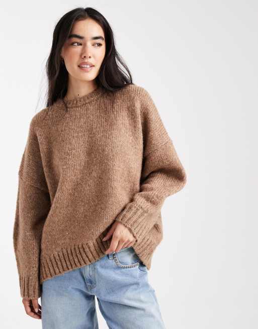 ASOS DESIGN oversized crew neck jumper with curved hem in biscuit
