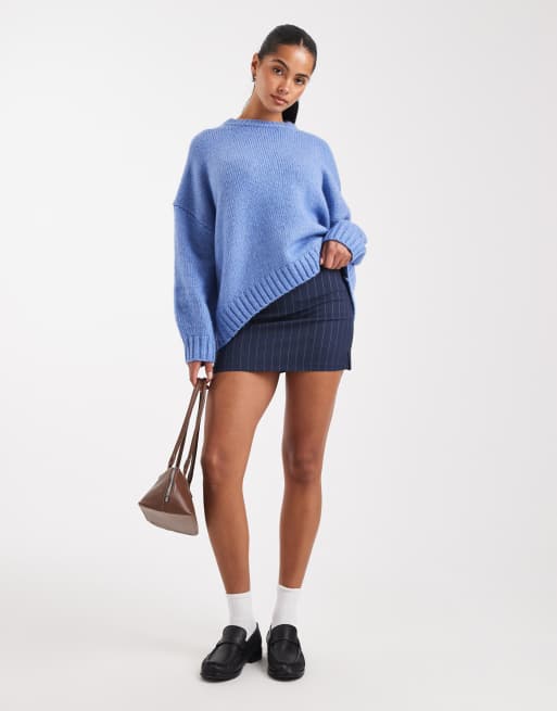 ASOS DESIGN oversized crew neck jumper with curved hem in blue