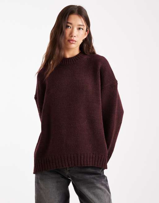 ASOS DESIGN oversized crew neck jumper with curved hem in clean yarn in plum