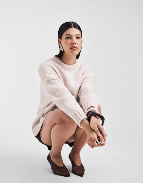 ASOS DESIGN oversized crew neck jumper with curved hem in cream - view 1