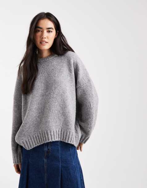 ASOS DESIGN oversized crew neck jumper with curved hem in grey - view 1