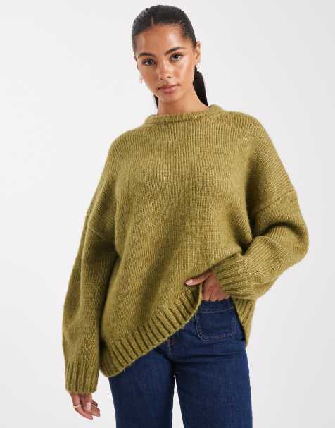 ASOS DESIGN oversized crew neck jumper with curved hem in olive - view 1