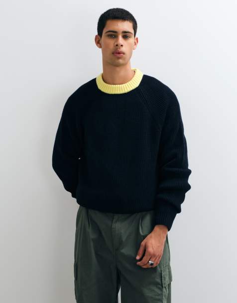 ASOS DESIGN oversized crew neck ringer jumper in dark navy with yellow contrast neck - view 1