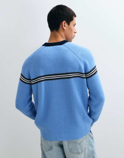 ASOS DESIGN oversized crew neck ringer jumper in light blue with contrast crew neck and stripe, 3 of 5
