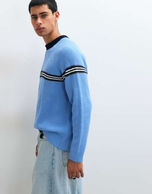 ASOS DESIGN oversized crew neck ringer jumper in light blue with contrast crew neck and stripe, 4 of 5