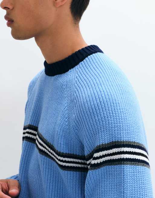 ASOS DESIGN oversized crew neck ringer jumper in light blue with contrast crew neck and stripe, 5 of 5