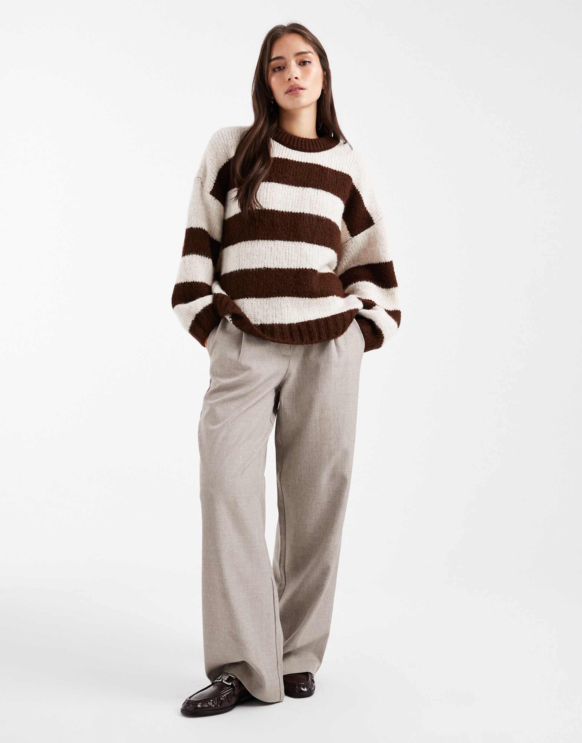 asos design oversized crew neck sweater in cream and brown stripes