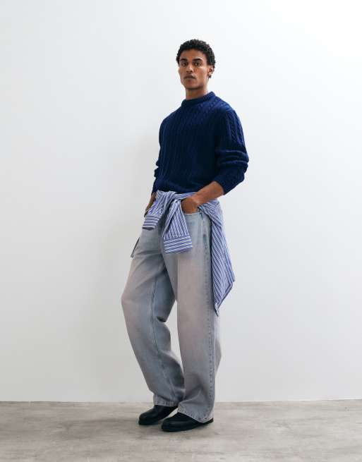 ASOS DESIGN oversized crew neck sweater in navy cable, 3 of 5