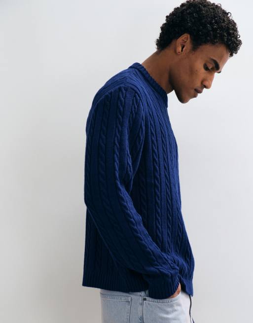 ASOS DESIGN oversized crew neck sweater in navy cable, 4 of 5