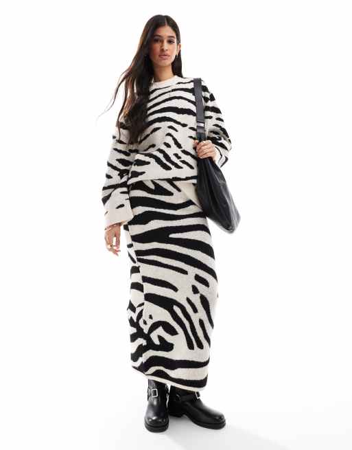 ASOS DESIGN oversized crew neck sweater & knitted maxi skirt set in zebra