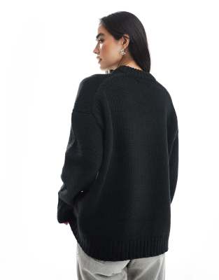 Asos Design Oversized Crew Neck Sweater With Curved Hem In Black