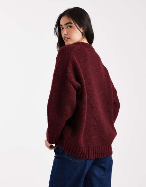 ASOS DESIGN oversized crew neck sweater with curved hem in burgundy